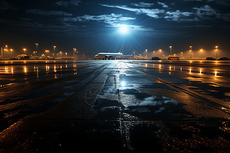 夜晚机场跑道上的飞机背景图片