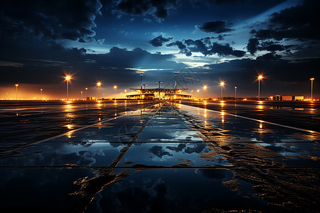 夜空飞机湿滑机场跑道上的飞机背景