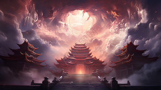 云顶神殿仙鹤飞舞的创意插图图片