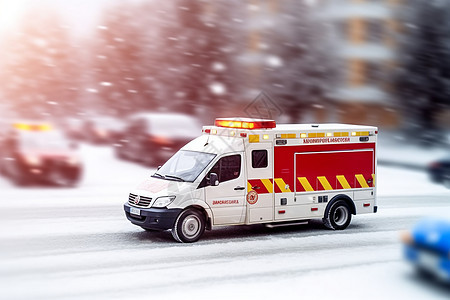 冰雪道路上快速行驶的救护车图片