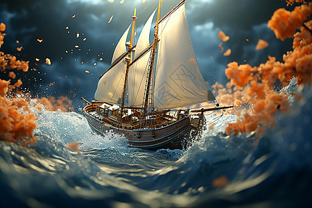 创意海洋中航行的帆船图片