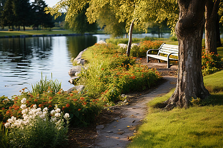 湖边的公园长椅图片