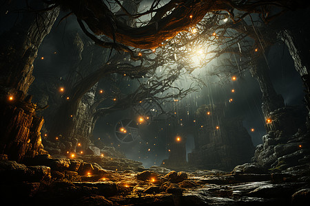 神秘夜晚的树林图片