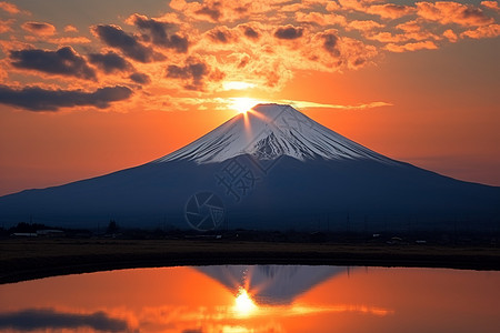 夕阳余晖下的富士山景观图片