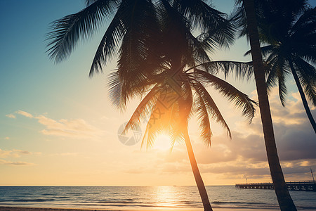 阳光下的棕榈树海滩背景图片