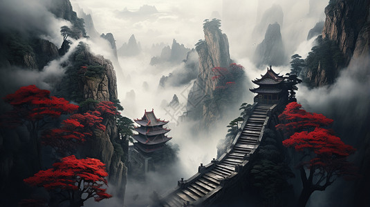 中国人在国外雾气围绕的山巅国风插画插画