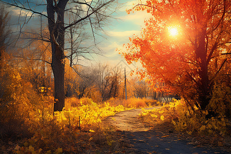 夕阳下的秋季树林图片