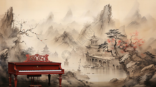 山水壁画国风山水水墨画中的钢琴设计图片