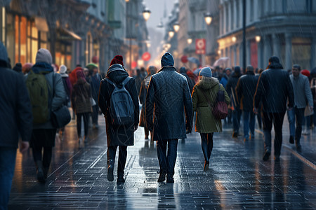 雨天商业街行走的人群图片