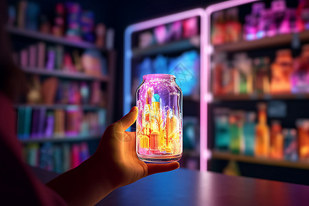 玻璃瓶中的创意霓虹世界图片