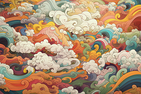 空中漫步缤纷云彩的色彩绘画插画