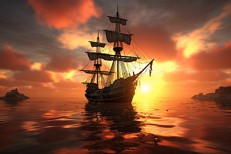 海洋里远行的复古船只图片