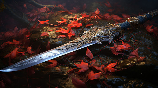 落叶上的古剑图片