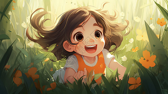 草丛中玩耍的小女孩背景图片