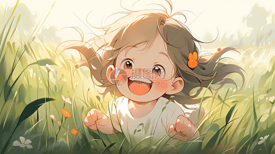 草地上开心大笑的女孩图片