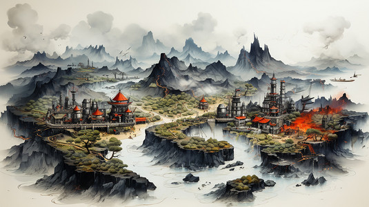 全景图素材山川风景全景图插画