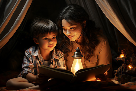 帐篷中电灯夜读的母子图片