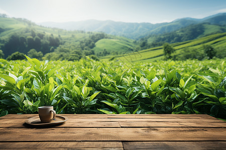 展示桌模糊山间茶园背景的木桌展位背景