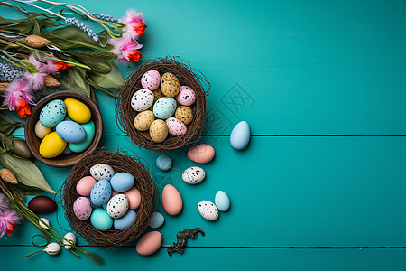 庆祝复活节的彩蛋和郁金香图片