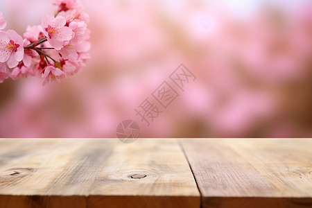 春季户外樱花背景前木桌图片