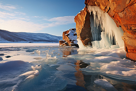 冬季雪山下冰湖巨大冰洞背景