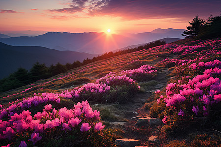 夏季山间日落的美丽景观图片