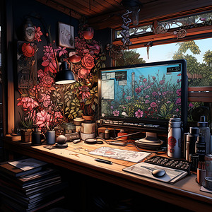 木质办公桌鲜花装饰的电脑桌插图插画