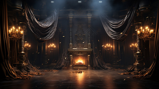 燃烧壁炉的神秘古典城堡背景图片