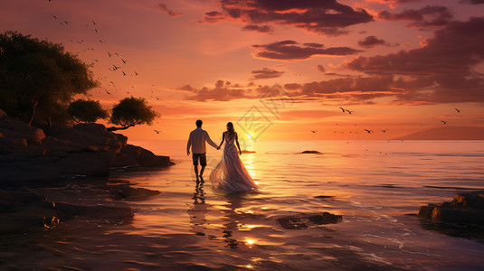 海边婚纱照的情侣图片