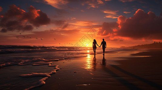 沙滩上牵手散步的情侣背景图片