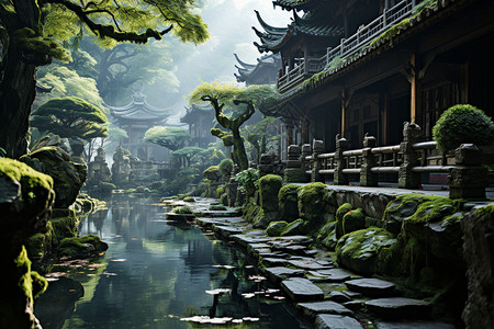 宁静的中式园林景观背景图片