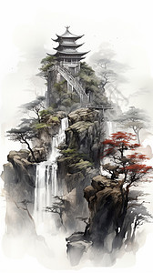 国风山林古代建筑水墨画图片