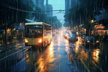 暴雨中繁忙的城市街道图片