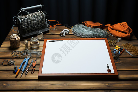 板绘小清新插画木桌上的工具套装背景