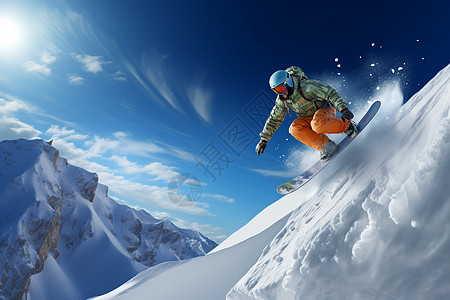 滑雪运动员在雪白的山坡上下山图片