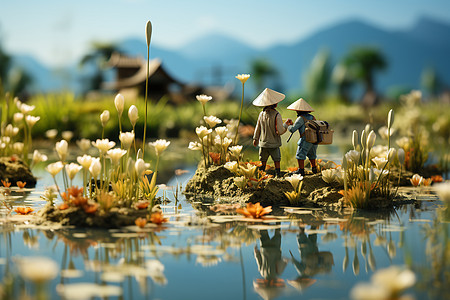 简笔小人稻田中的小人和带花草的游泳池上的小岛插画