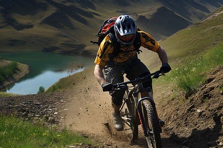 自行车选手在山地上飞驰图片