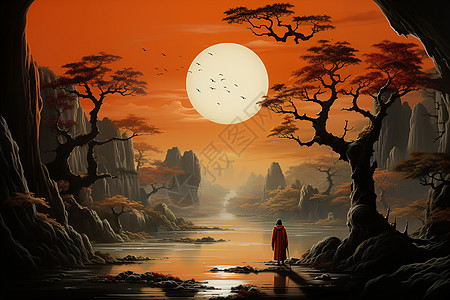 长袍男子站在河边眺望风景图片