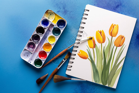画笔颜料水彩颜料绘制的郁金香背景
