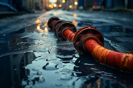雨后城市街道上的水管图片