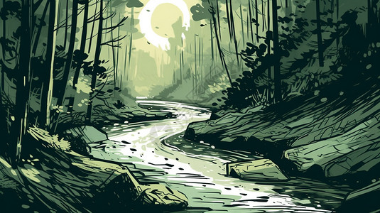茂密树林中的溪流背景图片