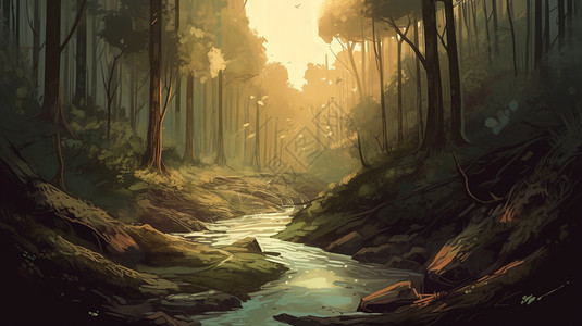 林中蜿蜒的小溪背景图片