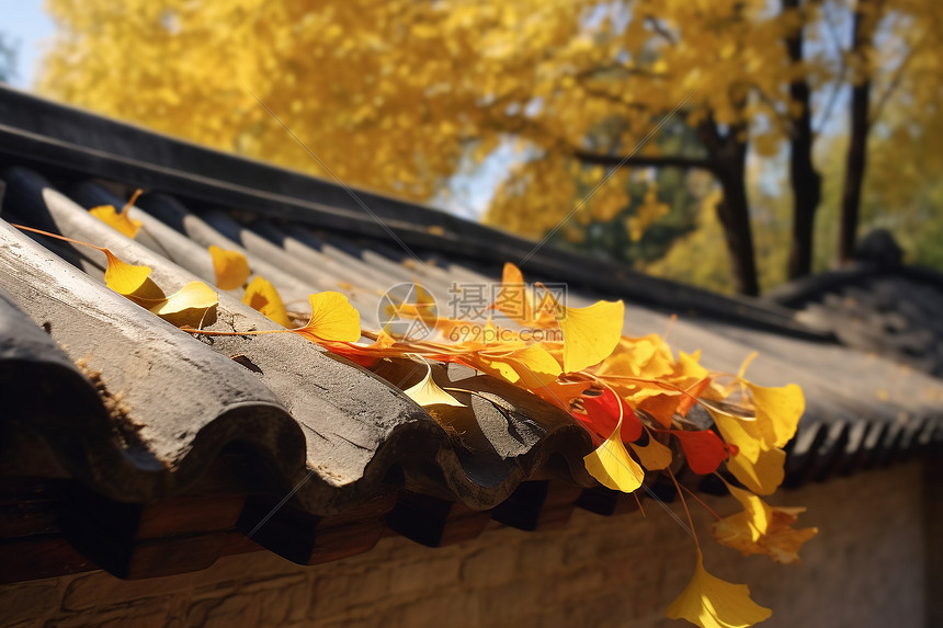 秋季风光银杏与古建筑图片