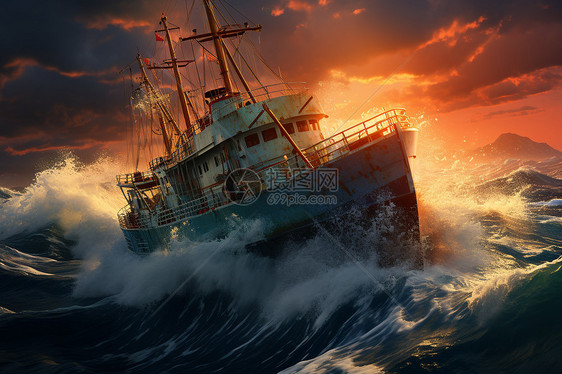 波浪渔船与夕阳图片