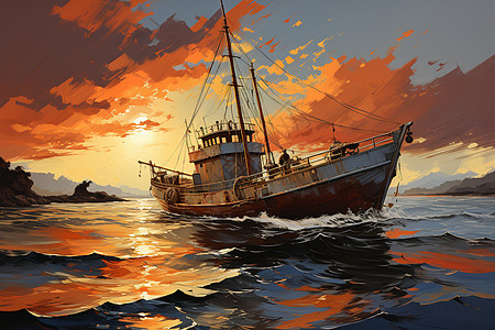 渔船夕阳下的宁静图片