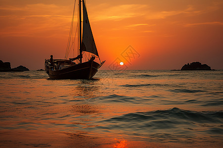 夕阳下的海上帆船图片