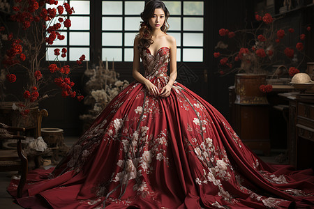 红色的绣花婚纱图片