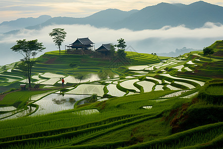 龙脊梯田山脉上的稻田背景