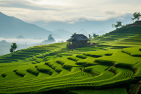 水墨稻田绿野中的田园背景