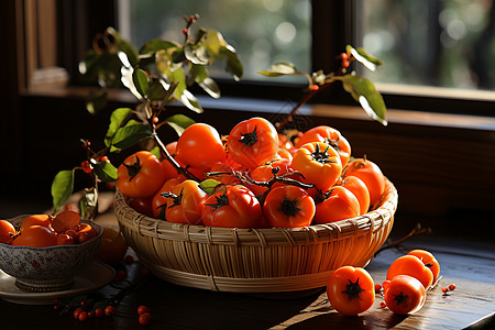 秋日竹篮里的柿子高清图片